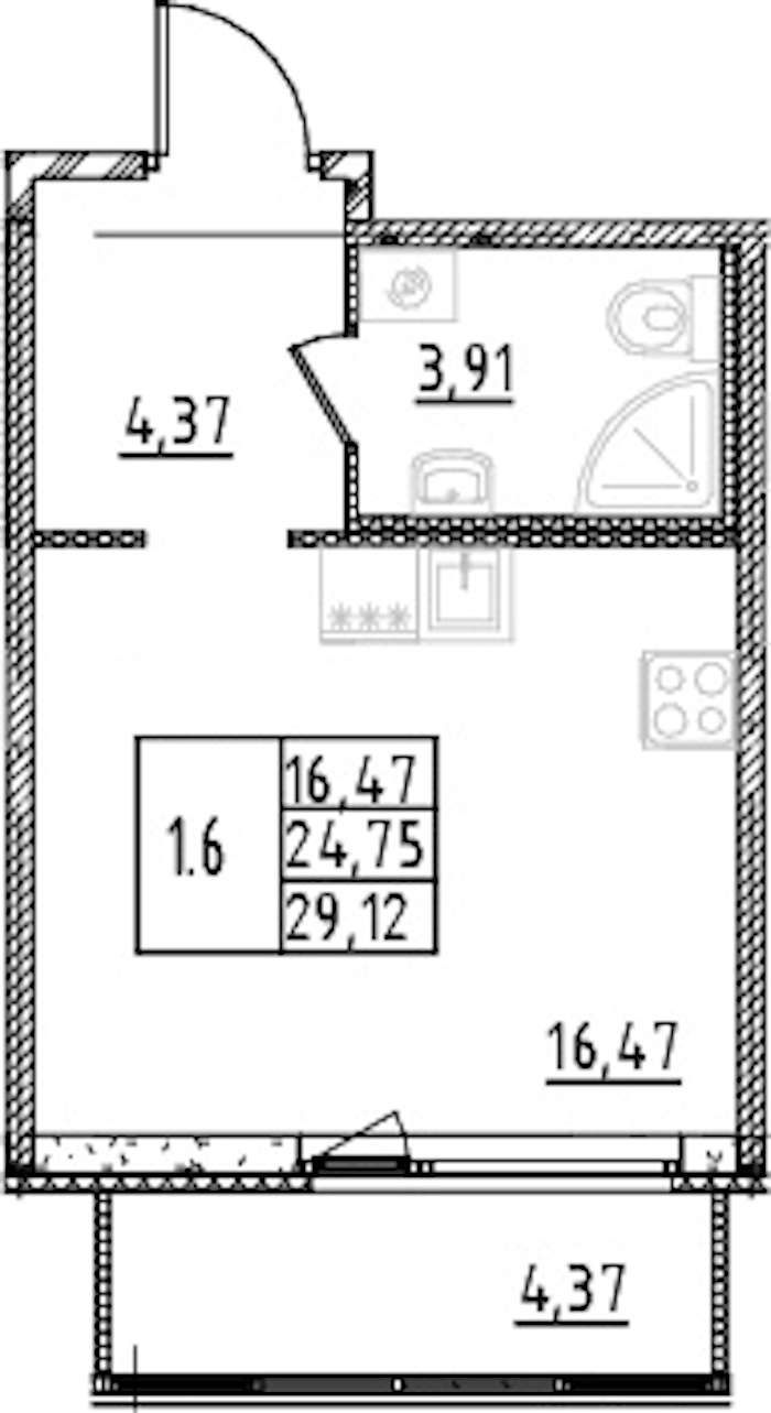 Квартира студия 24.75 м², 3/15 эт., ЖК «Parkolovo»