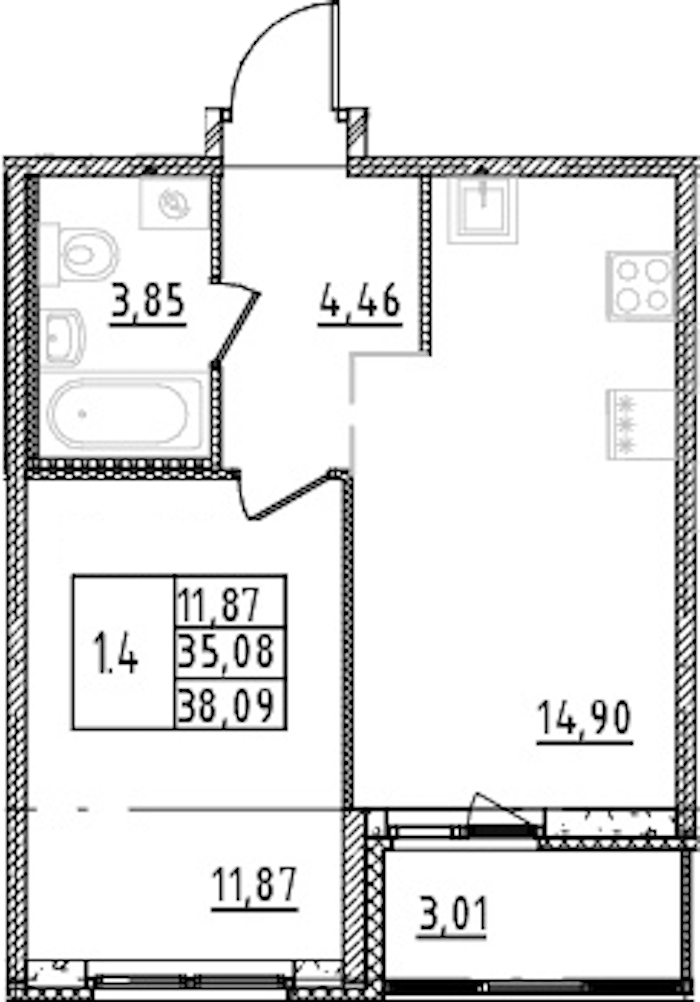 1-комнатная квартира 35.08 м², 8/15 эт., ЖК «Parkolovo»