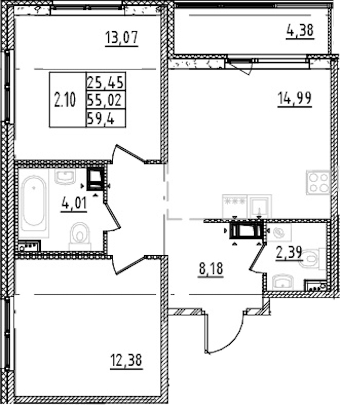 2-комнатная квартира 55.02 м², 8/15 эт., ЖК «Parkolovo»