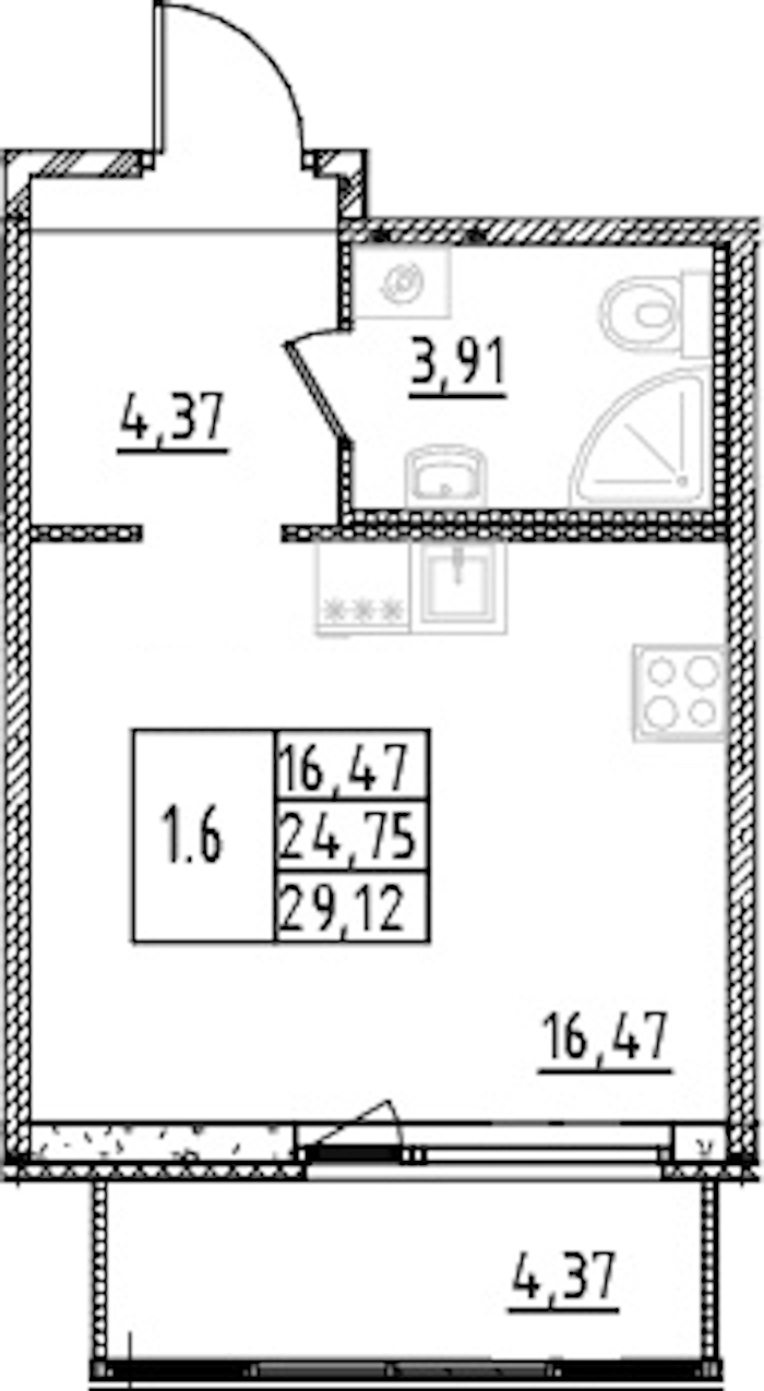 Квартира студия 24.75 м², 11/15 эт., ЖК «Parkolovo»