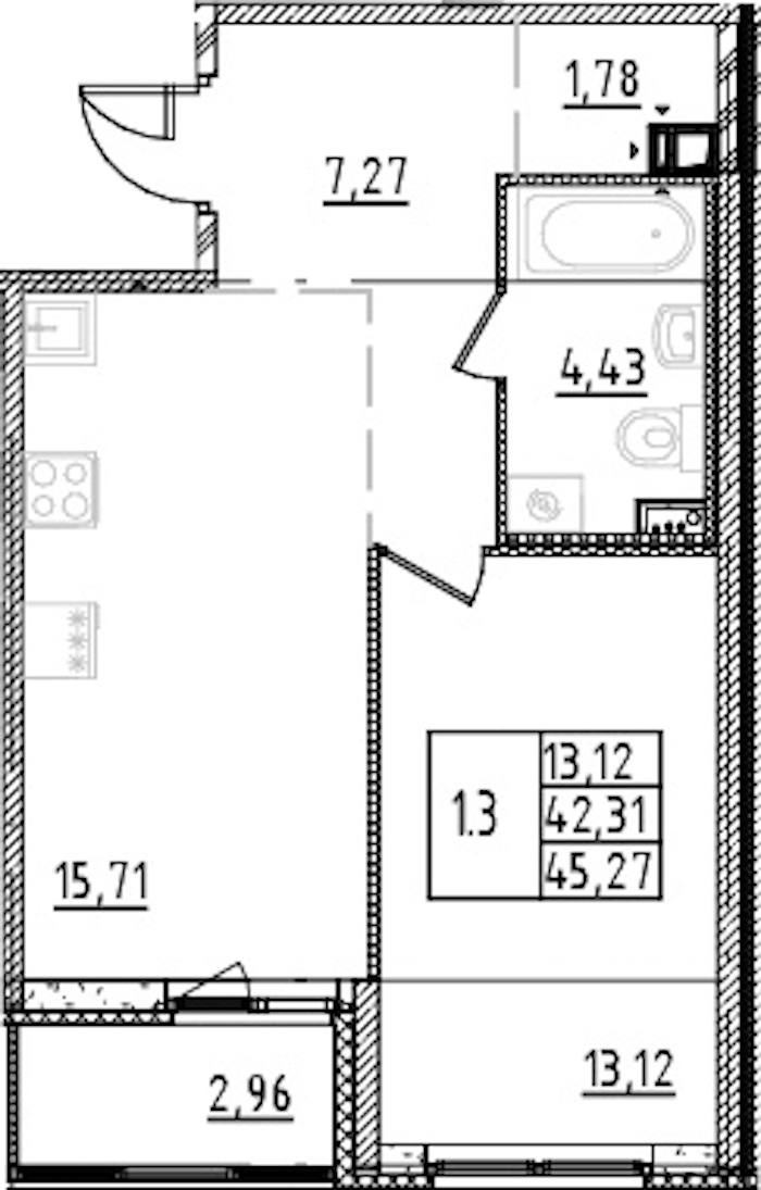 1-комнатная квартира 42.31 м², 14/15 эт., ЖК «Parkolovo»
