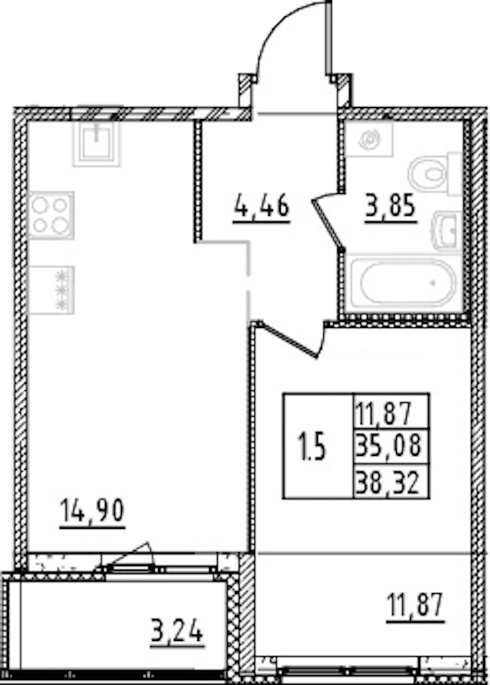 1-комнатная квартира 35.08 м², 14/15 эт., ЖК «Parkolovo»