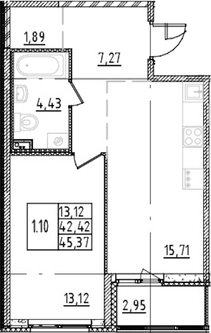 1-комнатная квартира 42.42 м², 2/15 эт., ЖК «Parkolovo»