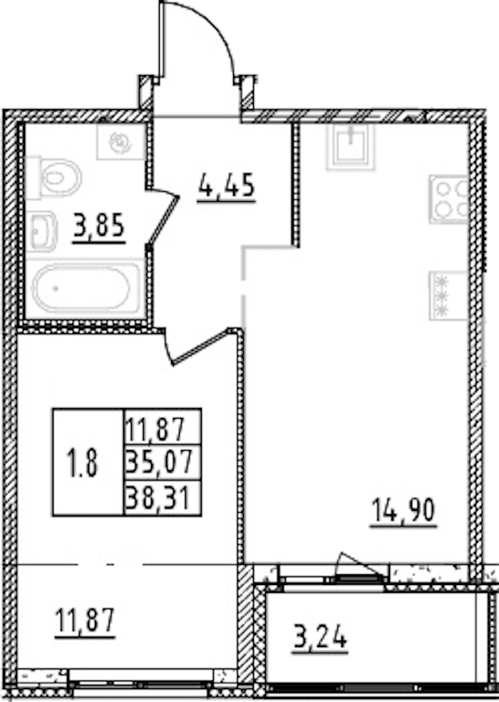 1-комнатная квартира 35.07 м², 3/15 эт., ЖК «Parkolovo»