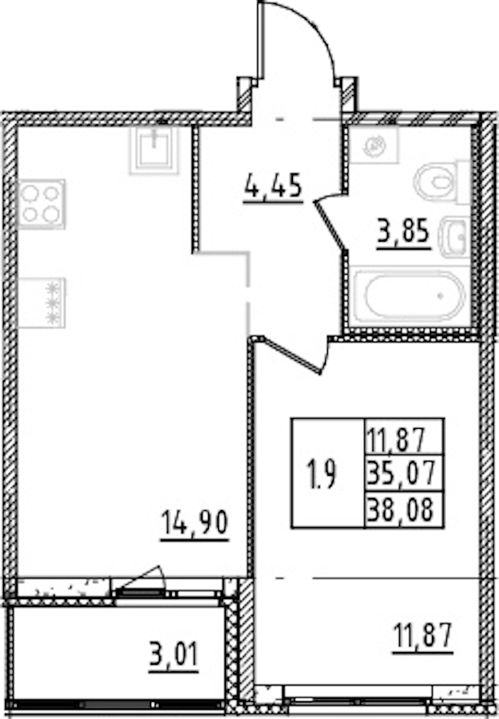 1-комнатная квартира 35.07 м², 3/15 эт., ЖК «Parkolovo»