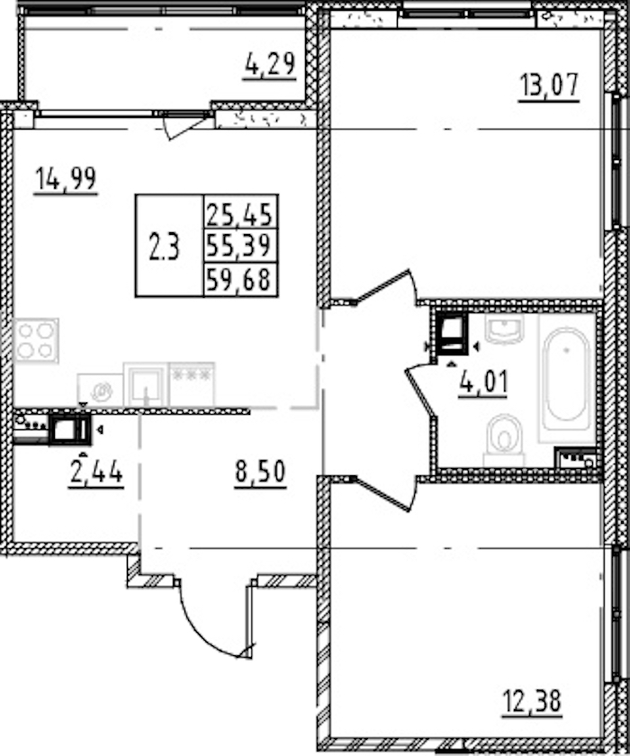 2-комнатная квартира 55.39 м², 6/15 эт., ЖК «Parkolovo»