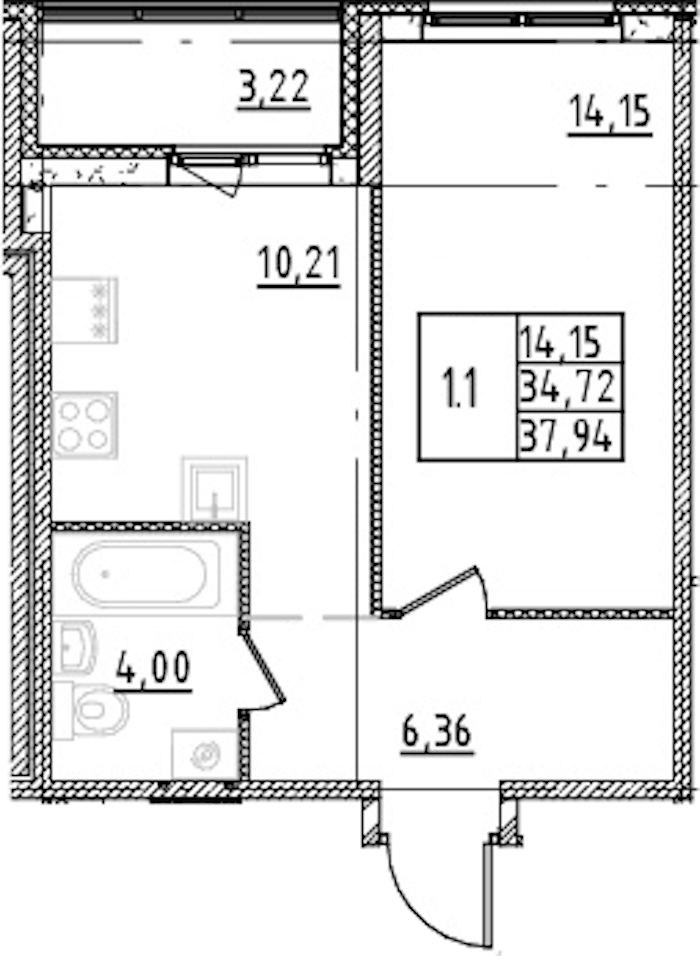 1-комнатная квартира 34.72 м², 9/15 эт., ЖК «Parkolovo»