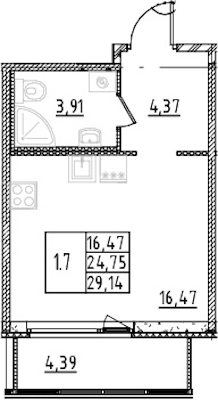 Квартира студия 24.75 м², 9/15 эт., ЖК «Parkolovo»