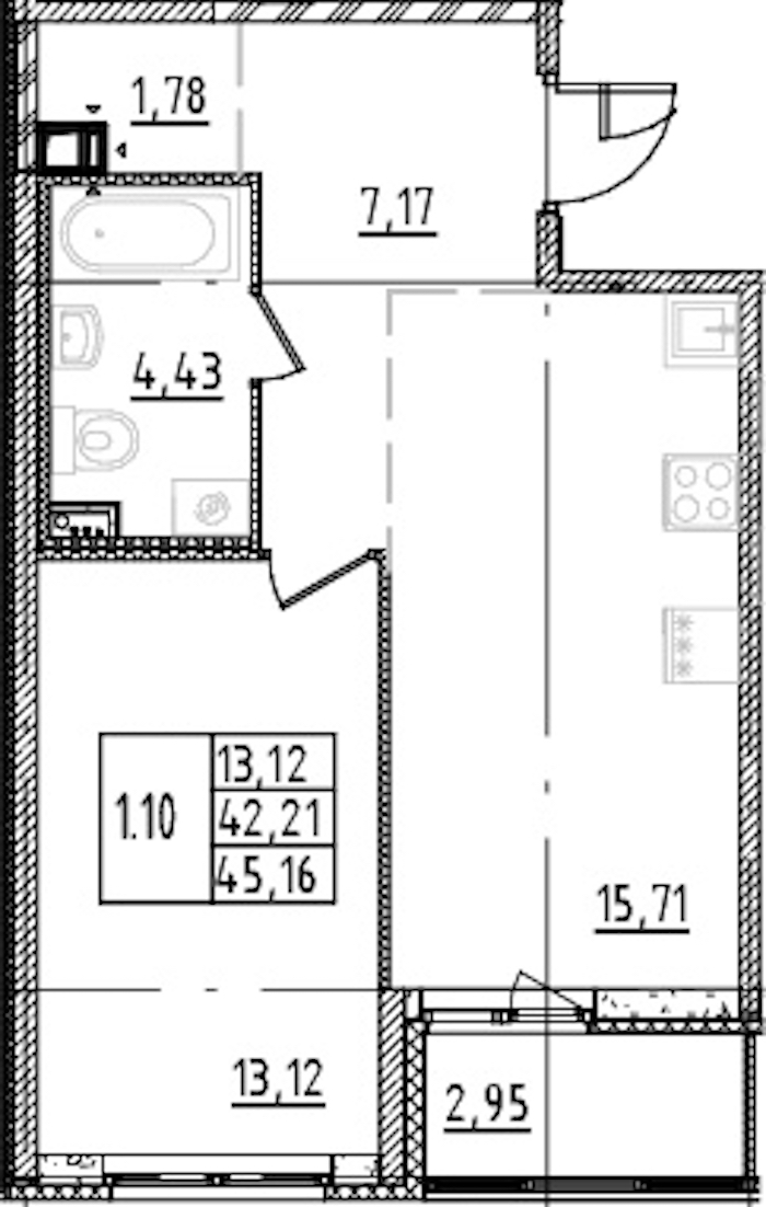 1-комнатная квартира 42.21 м², 12/15 эт., ЖК «Parkolovo»