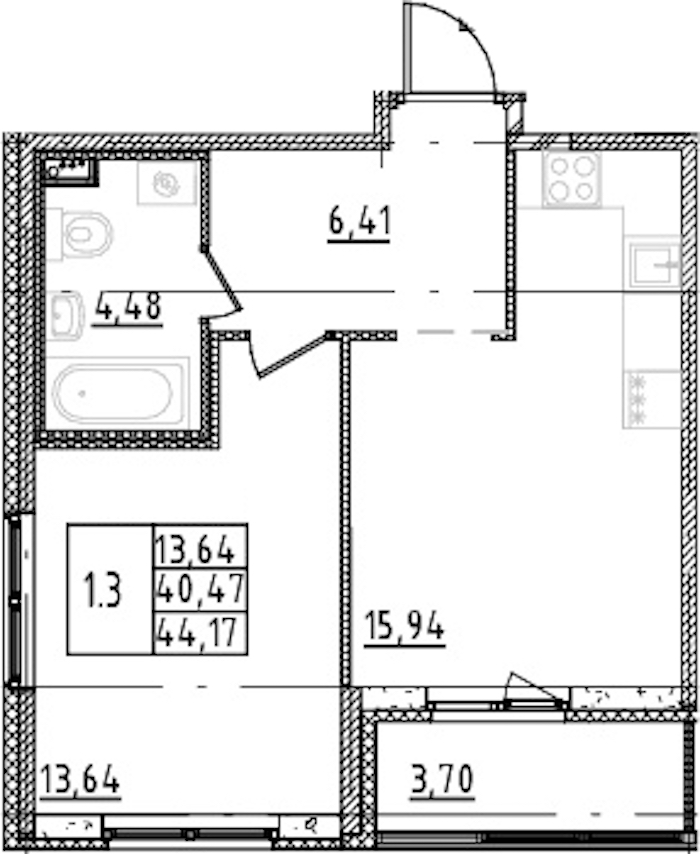 1-комнатная квартира 40.47 м², 2/15 эт., ЖК «Parkolovo»