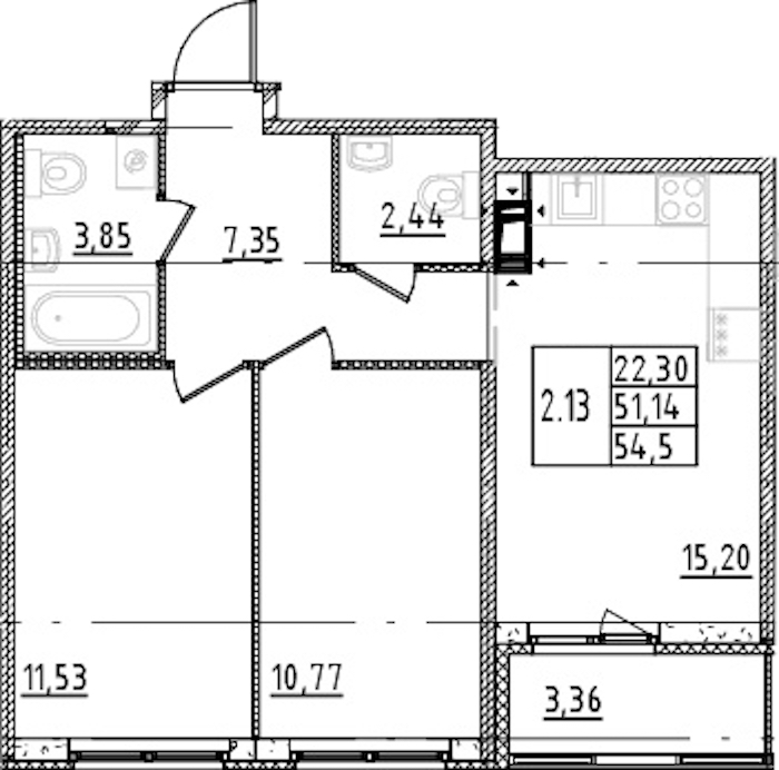 2-комнатная квартира 51.14 м², 5/15 эт., ЖК «Parkolovo»