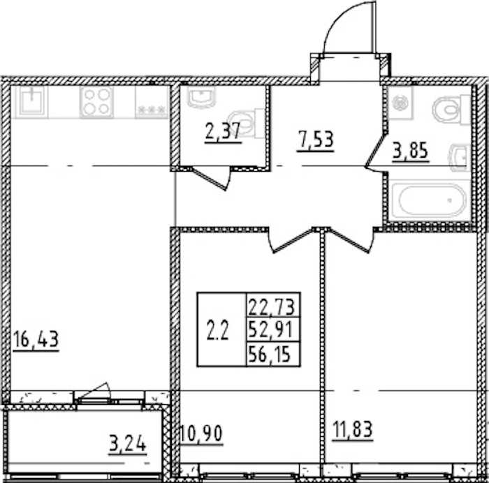 2-комнатная квартира 52.91 м², 6/15 эт., ЖК «Parkolovo»