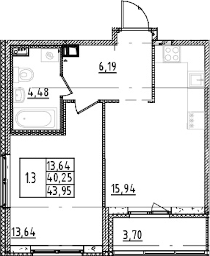 1-комнатная квартира 40.25 м², 7/15 эт., ЖК «Parkolovo»