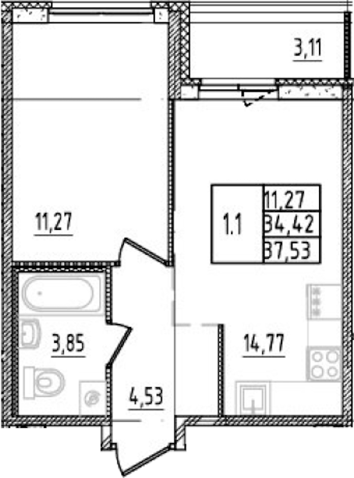 1-комнатная квартира 34.42 м², 2/14 эт., ЖК «Parkolovo»
