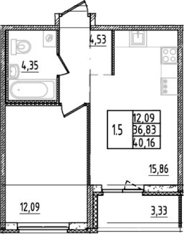 1-комнатная квартира 36.83 м², 2/14 эт., ЖК «Parkolovo»