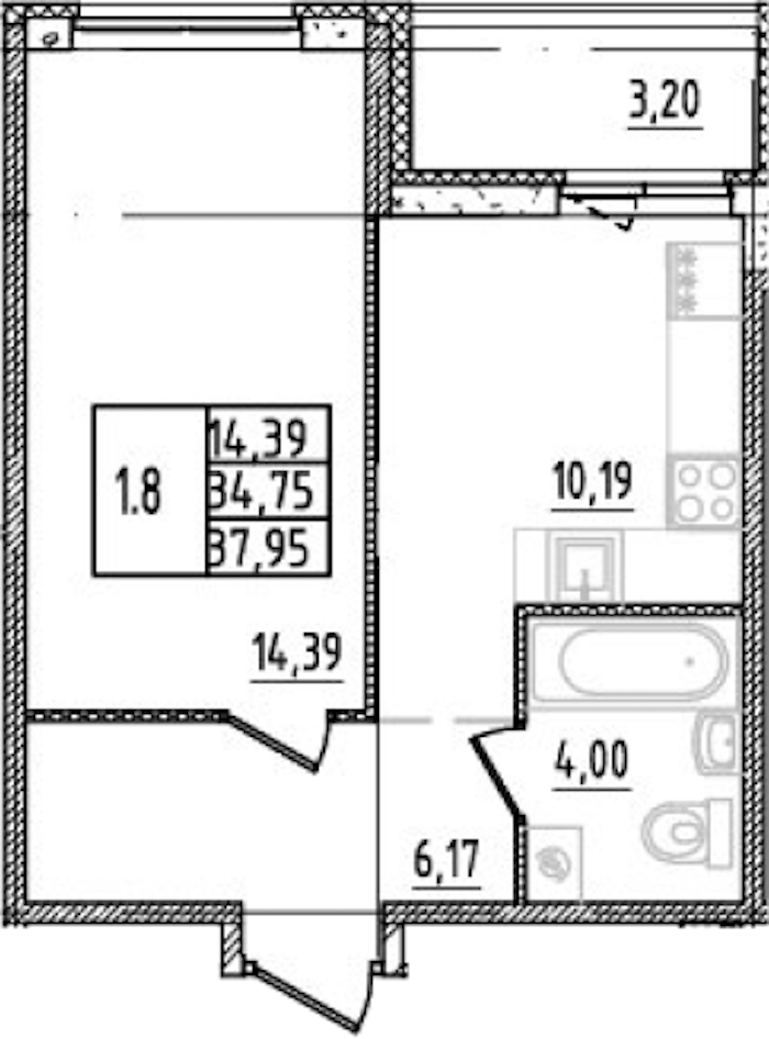 1-комнатная квартира 34.75 м², 2/14 эт., ЖК «Parkolovo»