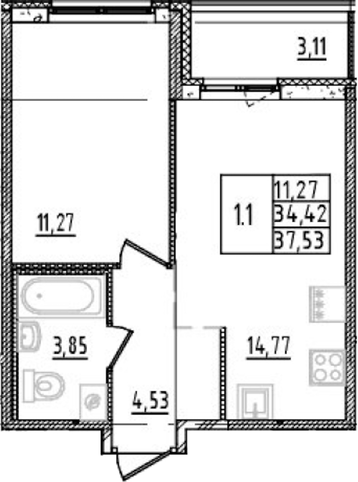 1-комнатная квартира 34.42 м², 3/14 эт., ЖК «Parkolovo»