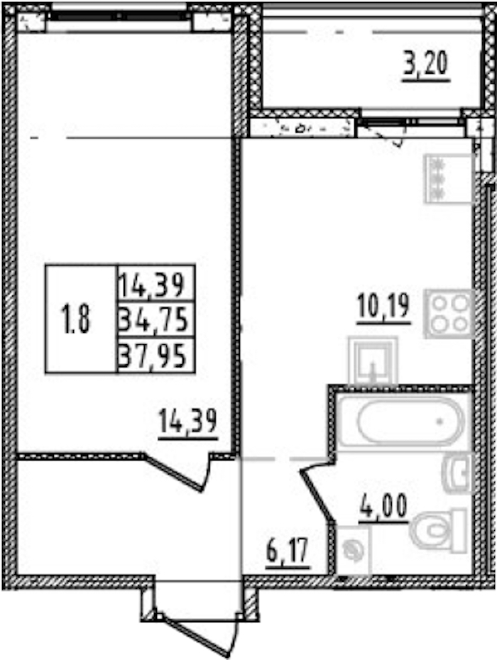 1-комнатная квартира 34.75 м², 3/14 эт., ЖК «Parkolovo»