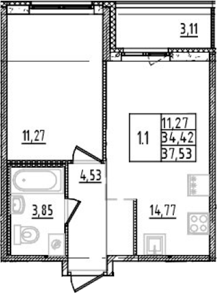 1-комнатная квартира 34.42 м², 4/14 эт., ЖК «Parkolovo»