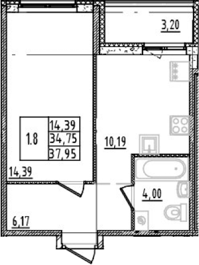 1-комнатная квартира 34.75 м², 4/14 эт., ЖК «Parkolovo»