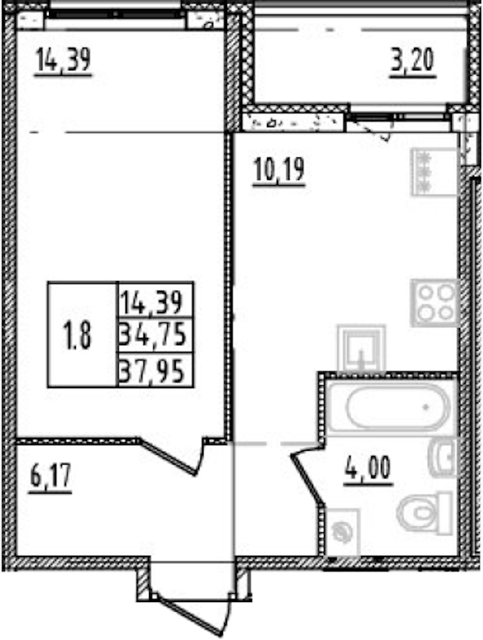 1-комнатная квартира 34.75 м², 10/14 эт., ЖК «Parkolovo»