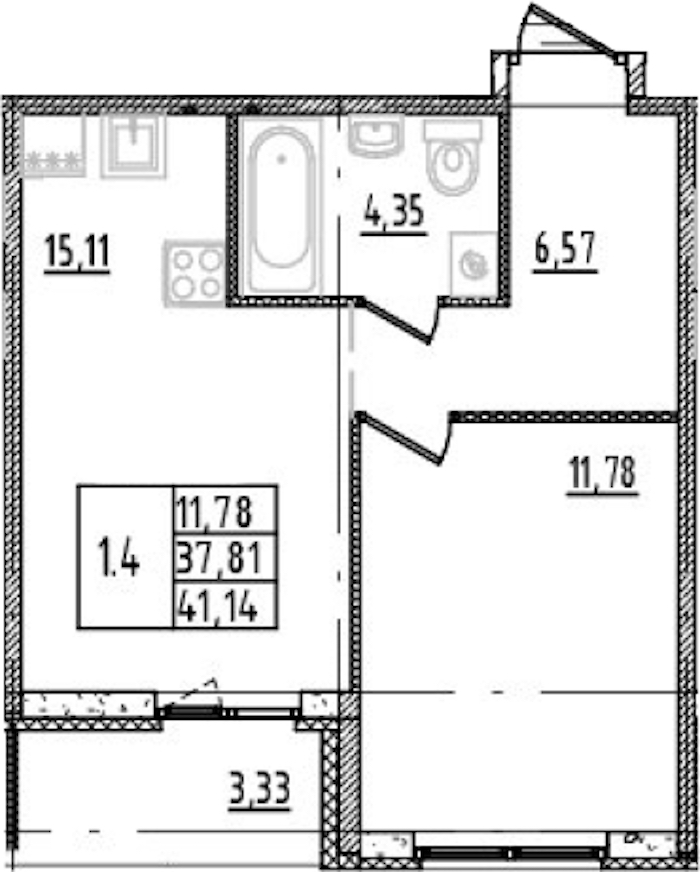 1-комнатная квартира 37.81 м², 11/14 эт., ЖК «Parkolovo»