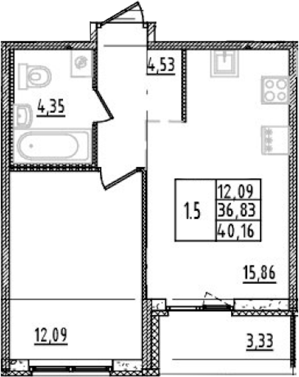 1-комнатная квартира 36.83 м², 14/14 эт., ЖК «Parkolovo»