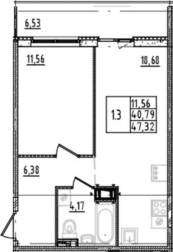 1-комнатная квартира 40.79 м², 11/14 эт., ЖК «Parkolovo»