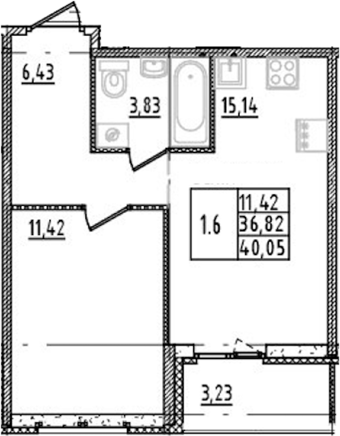1-комнатная квартира 36.82 м², 13/14 эт., ЖК «Parkolovo»