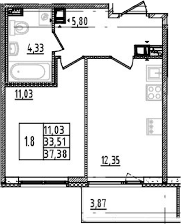 1-комнатная квартира 33.51 м², 13/14 эт., ЖК «Parkolovo»