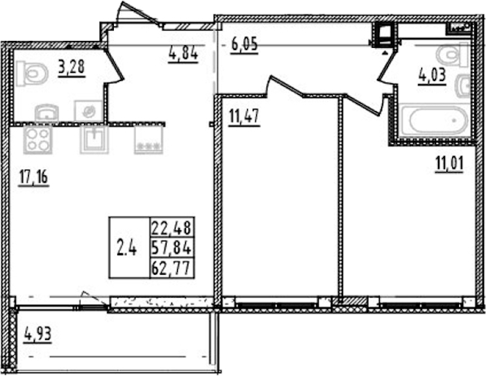 2-комнатная квартира 57.84 м², 14/14 эт., ЖК «Parkolovo»