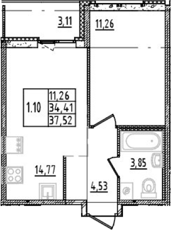 1-комнатная квартира 34.41 м², 14/14 эт., ЖК «Parkolovo»
