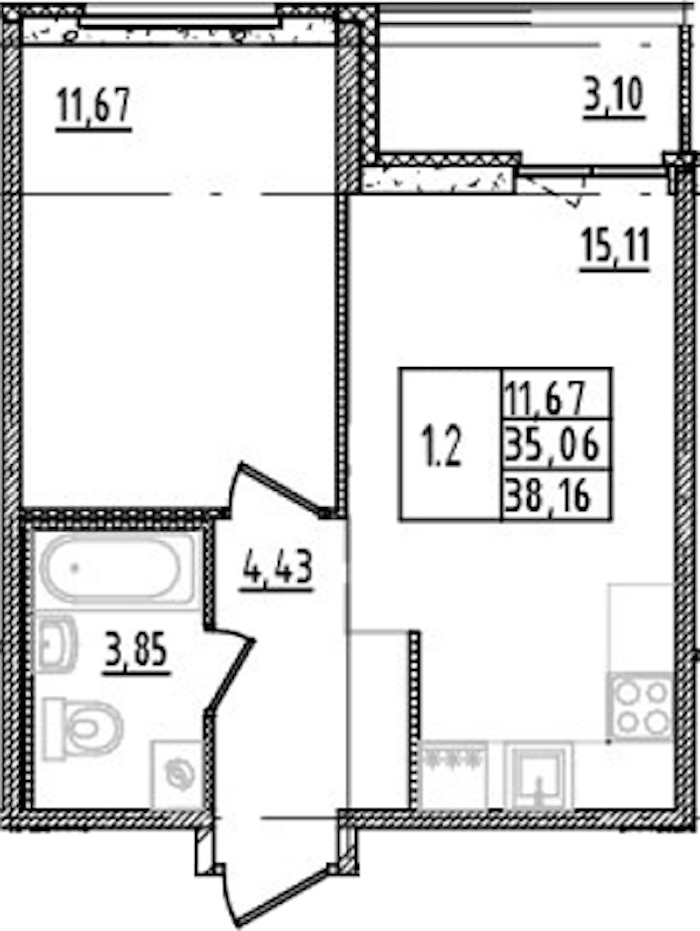1-комнатная квартира 35.06 м², 2/14 эт., ЖК «Parkolovo»