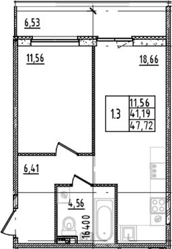 1-комнатная квартира 41.19 м², 2/14 эт., ЖК «Parkolovo»