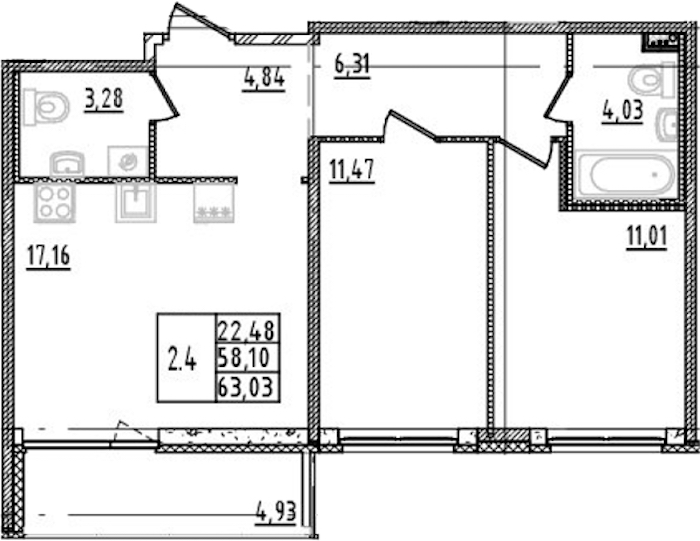 2-комнатная квартира 58.1 м², 2/14 эт., ЖК «Parkolovo»