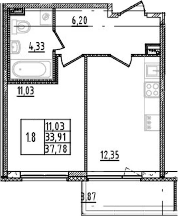 1-комнатная квартира 33.91 м², 2/14 эт., ЖК «Parkolovo»