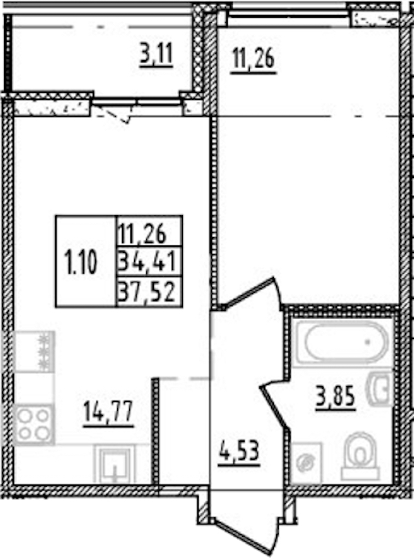 1-комнатная квартира 34.41 м², 2/14 эт., ЖК «Parkolovo»