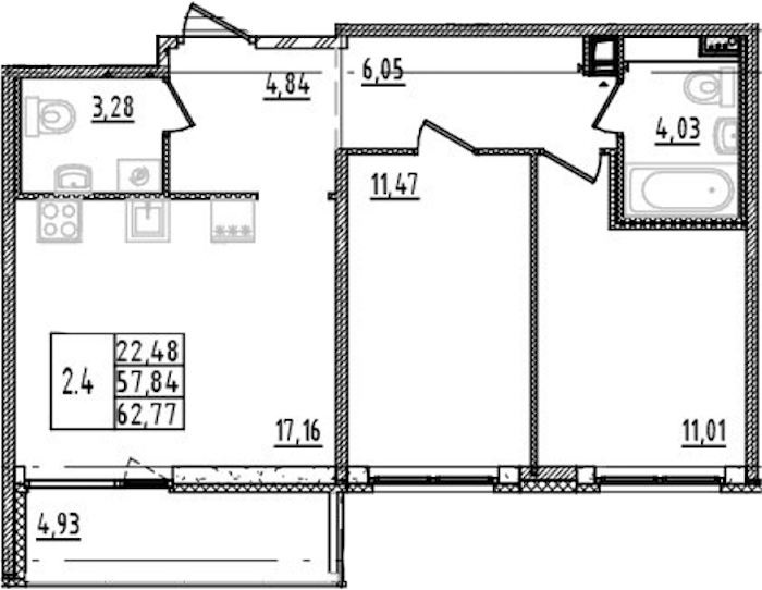 2-комнатная квартира 57.84 м², 3/14 эт., ЖК «Parkolovo»