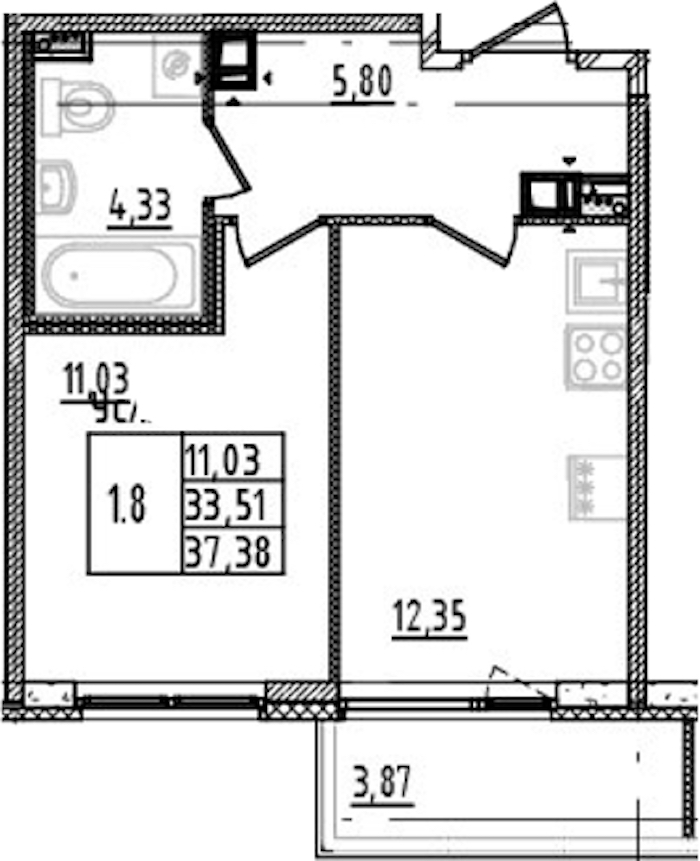 1-комнатная квартира 33.51 м², 3/14 эт., ЖК «Parkolovo»