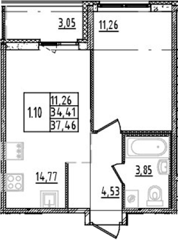 1-комнатная квартира 34.41 м², 3/14 эт., ЖК «Parkolovo»