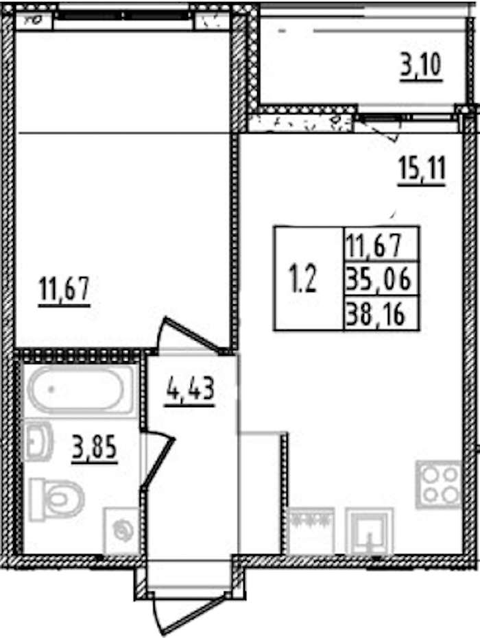 1-комнатная квартира 35.06 м², 4/14 эт., ЖК «Parkolovo»
