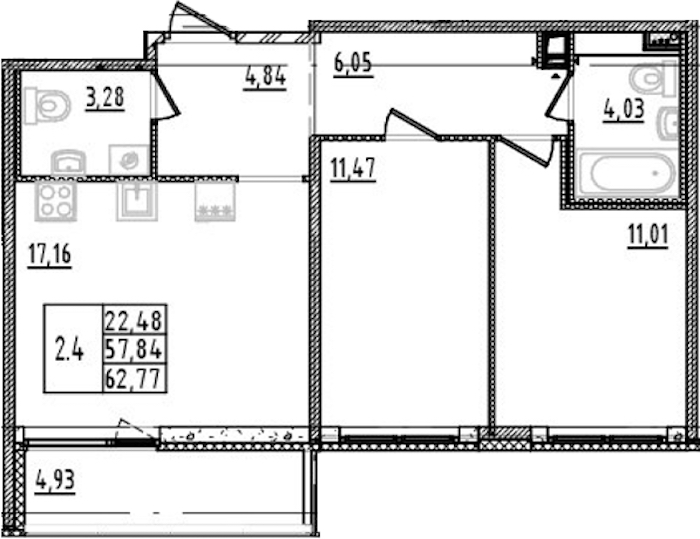 2-комнатная квартира 57.84 м², 4/14 эт., ЖК «Parkolovo»