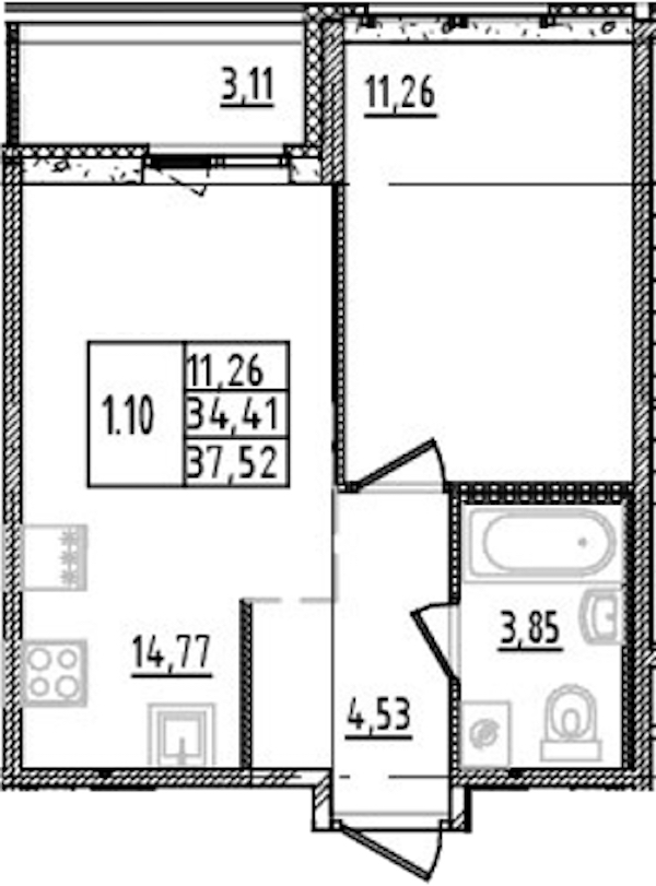 1-комнатная квартира 34.41 м², 4/14 эт., ЖК «Parkolovo»