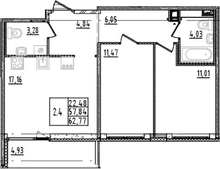 2-комнатная квартира 57.84 м², 5/14 эт., ЖК «Parkolovo»