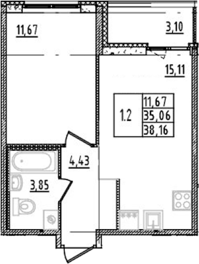 1-комнатная квартира 35.06 м², 6/14 эт., ЖК «Parkolovo»