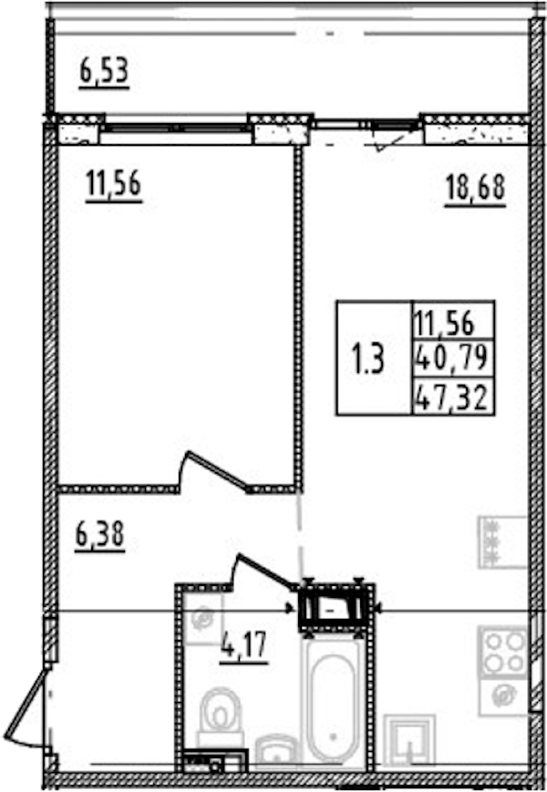 1-комнатная квартира 40.79 м², 6/14 эт., ЖК «Parkolovo»