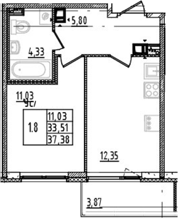 1-комнатная квартира 33.51 м², 6/14 эт., ЖК «Parkolovo»