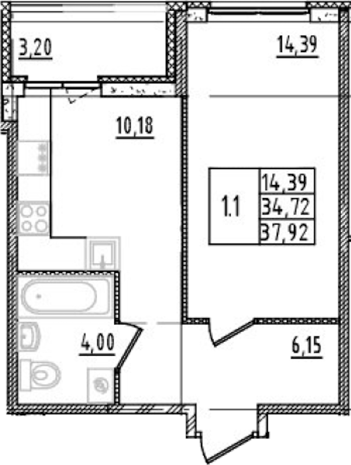 1-комнатная квартира 34.72 м², 2/14 эт., ЖК «Parkolovo»