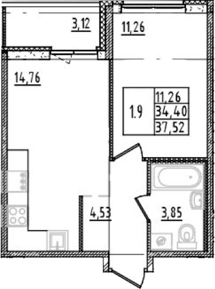 1-комнатная квартира 34.4 м², 2/14 эт., ЖК «Parkolovo»