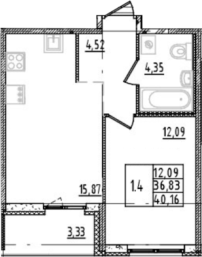 1-комнатная квартира 36.83 м², 5/14 эт., ЖК «Parkolovo»